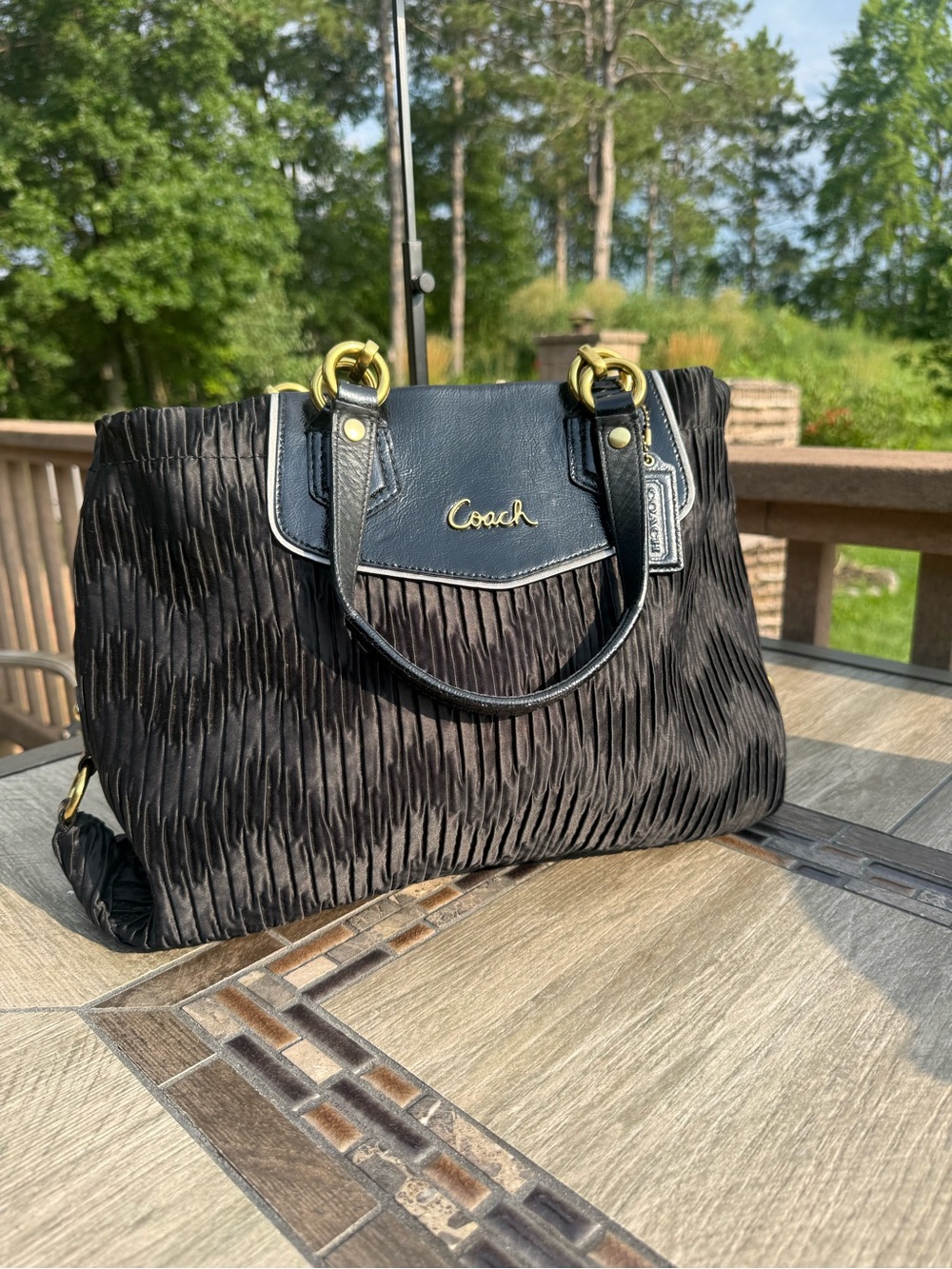 EUC Coach Ashley Gathered Satin Carryall Black Brass Hardware Shoulder Bag - Picture 3 of 10